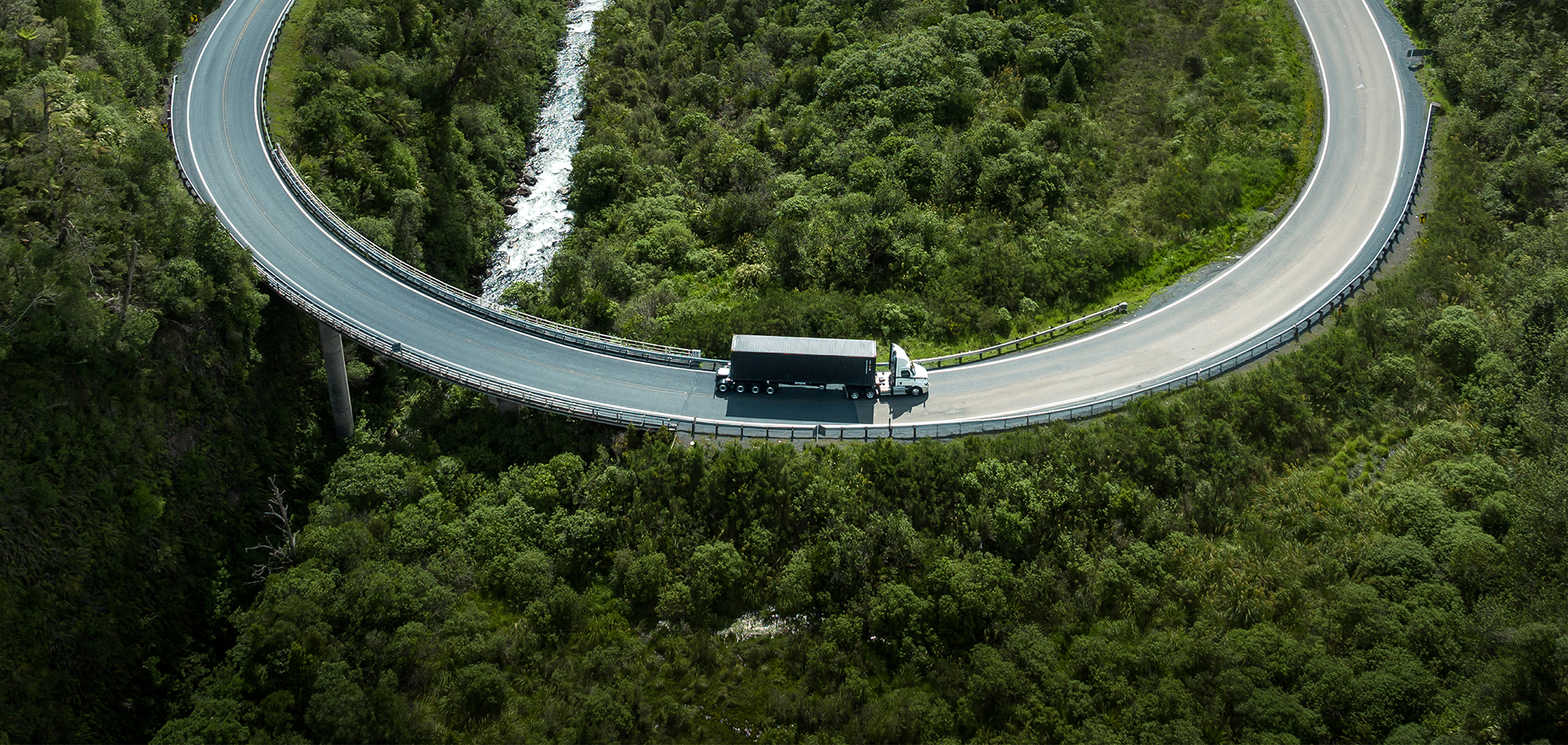 Aerial view of a truck on a winding country road